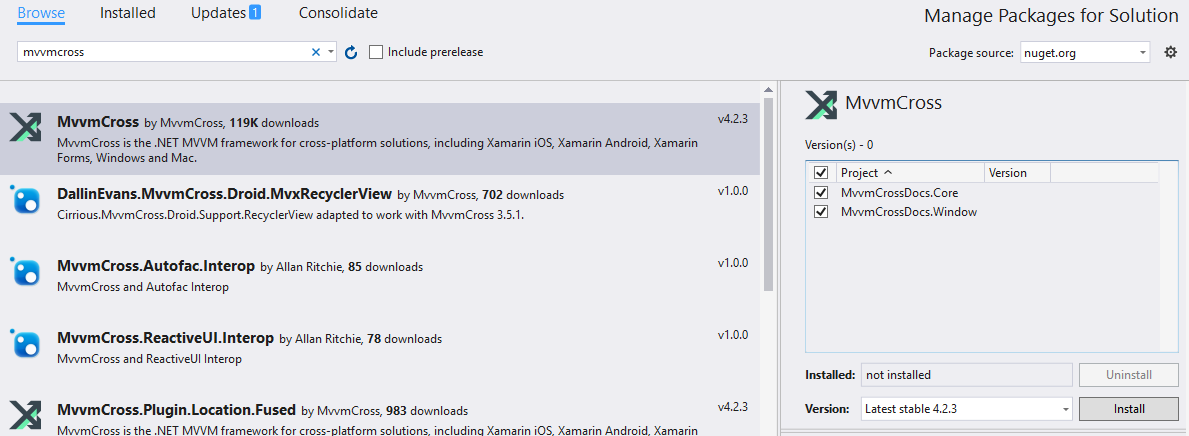 Select MvvmCross in nuget